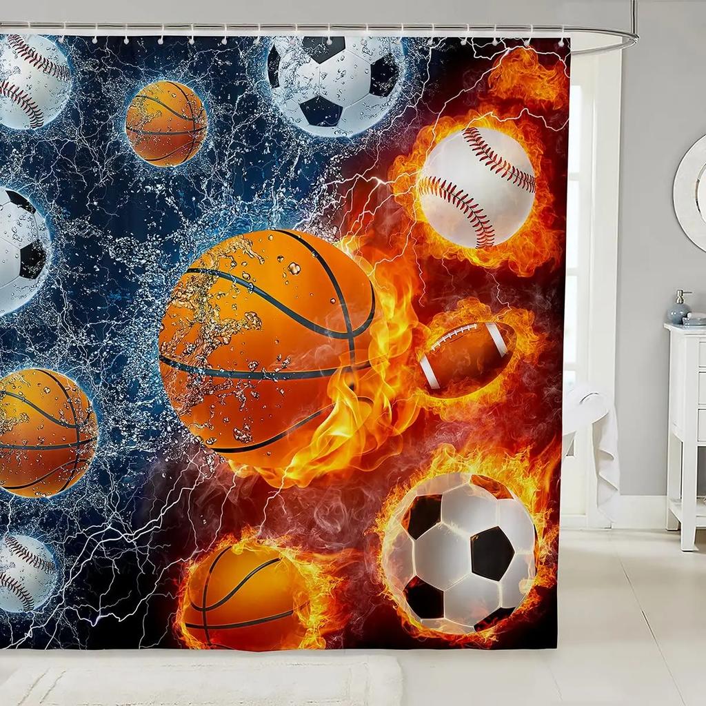 Baseball Shower Curtain Baseball Glove Sports Theme Polyester Fabric Bathtub Screen Home Decor Bathroom Curtains Set with Hooks