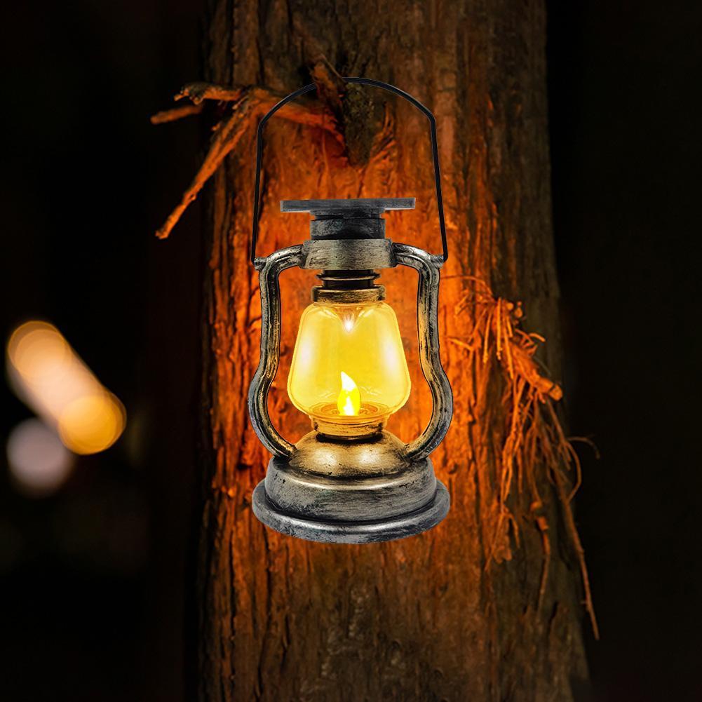 Solar Powered Vintage Hanging Light Portable Old-Fashioned Kerosene Lamp 300mAh Built-In Battery Courtyard Garden Decor
