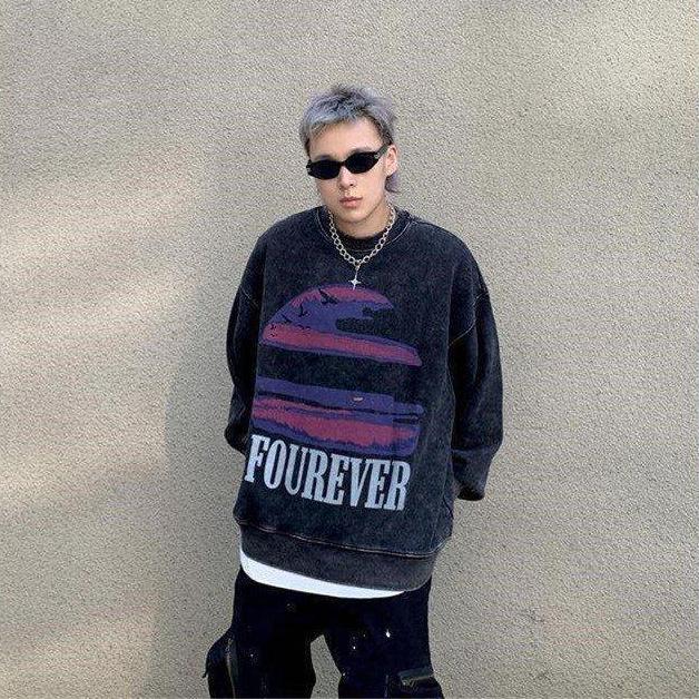 Vintage Distressed Sweatshirts Fleece Women Hip Hop Streetwear O-Neck Loose Long Sleeve Print Graphic Hoodie Autumn Winter