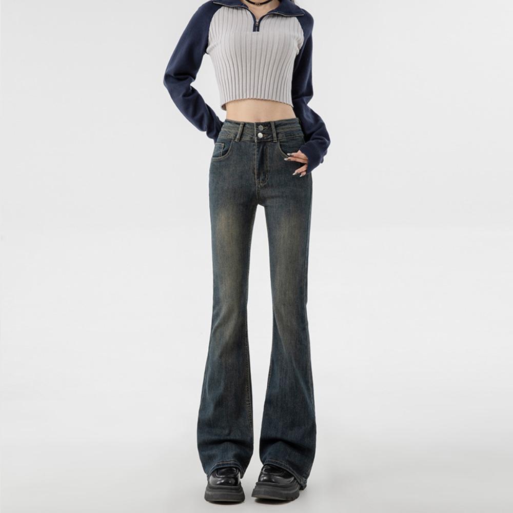 Personalized street high-waisted double-buckle micro-pull jeans women's spring and autumn new thin horseshoe jeans