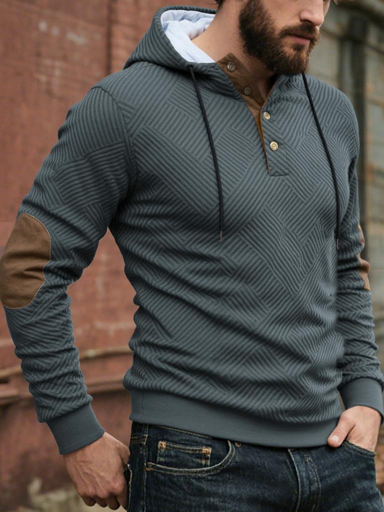 Herfst Nieuw Heren Casual Getextureerd Hoodie met Knoopsluiting & Elleboogstukken Mode Sportkleding Heren Bovenkleding