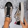 [Everyday Comfort] Women's Leopard Print Star Sneakers, Casual Lace-Up Low Top Shoes with Round Toe, Fabric Upper & Mesh Inner, PVC Sole