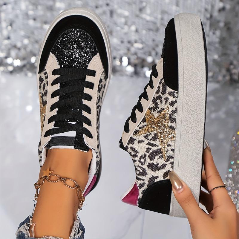 [Everyday Comfort] Women's Leopard Print Star Sneakers, Casual Lace-Up Low Top Shoes with Round Toe, Fabric Upper & Mesh Inner, PVC Sole