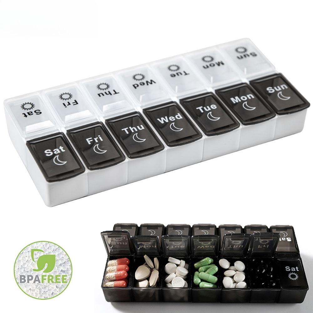 Weekly 7 Days Pill Organizer 14 Grids Portable Medicine Box for Vitamins Fish Oils Tablets Storage Travel