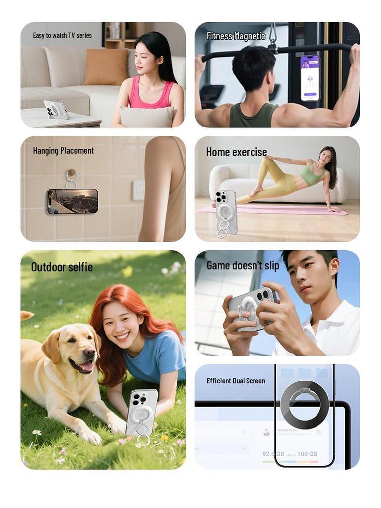 Magnetic 360° Rotating Dual-Sided Phone Holder with Folding Ring Support