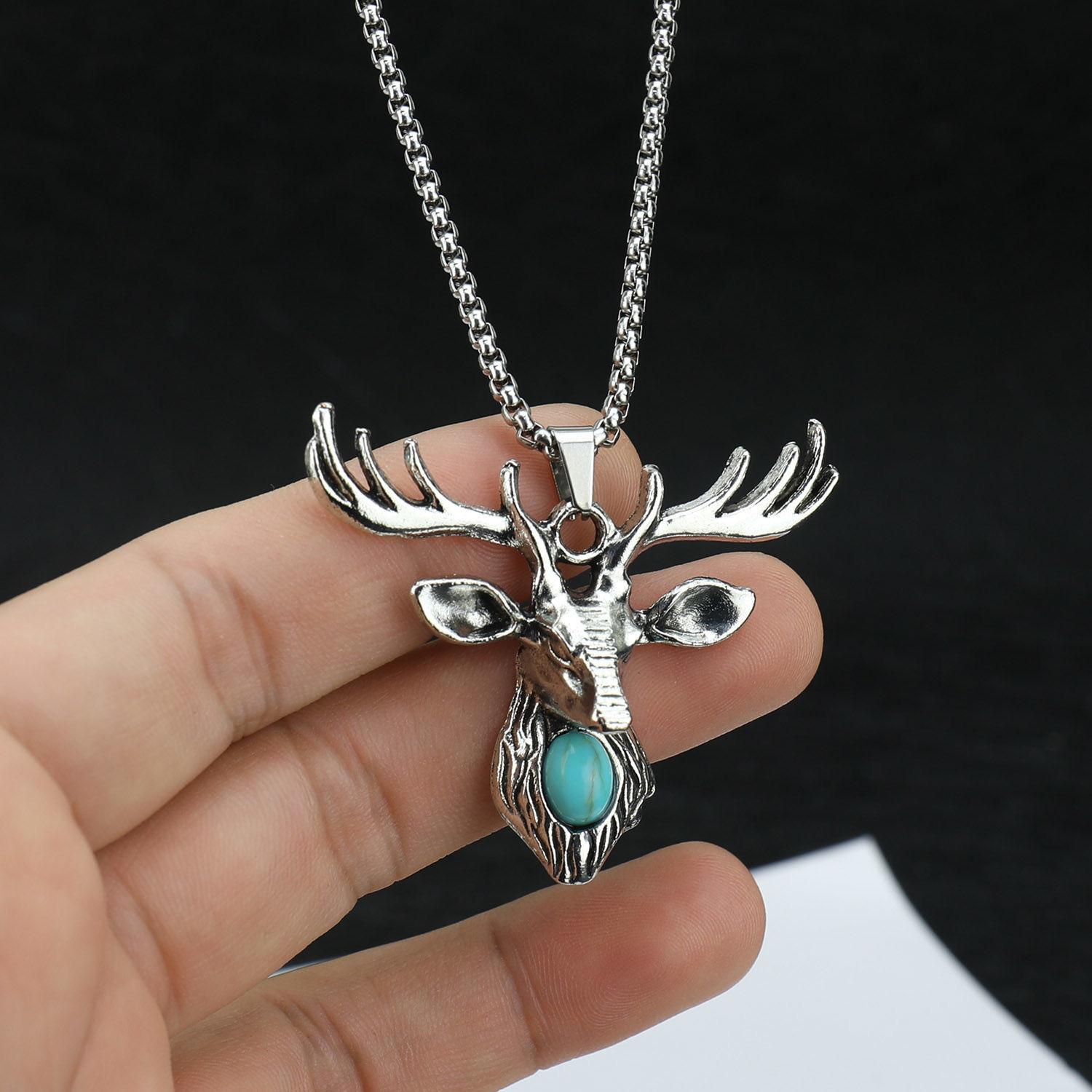 

Punk Wolf Head Skull Pendant Necklace, Men s Retro Hip Hop Rock Jewelry Lucky Deer