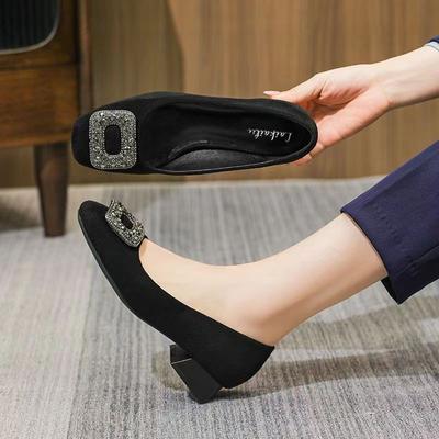 Französische Strass Dicke Ferse High-End Einzelne Schuhe Damen 2024 Neu Sommer Quadratischer Kopf Flacher Mund Temperament Hochhackige Pendelschuhe
