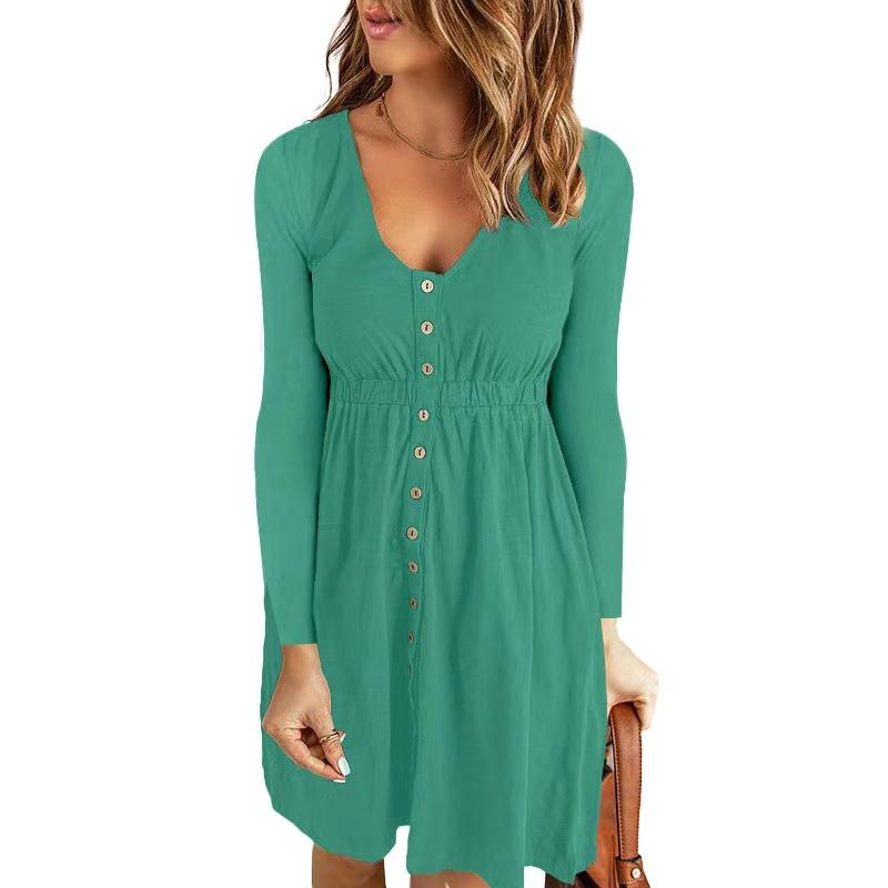 Women Dress Long Sleeve V-Neck Button Tunic Mid Dress Fashion Loose Solid  Knee-length Dress for Daily Office,Party