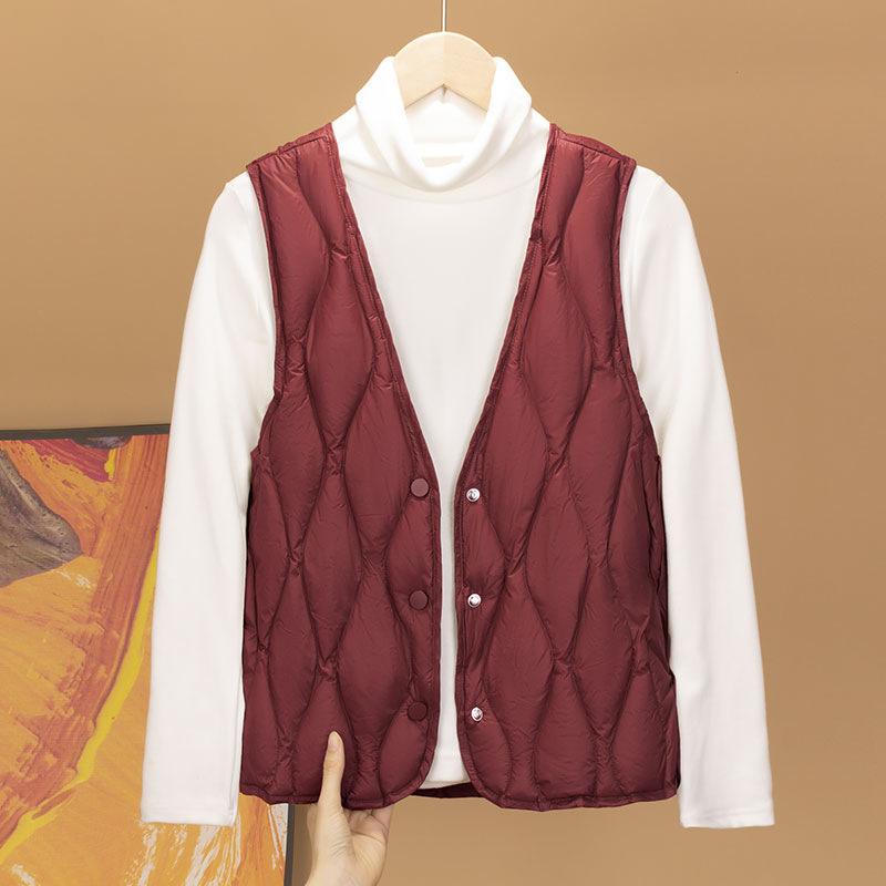 

Японський новий жіночий одяг, легкий і тонкий жилет з білого качиного пуху з V-подібним вирізом, підкладка жилета, модний внутрішній жилет XXXL бордовий