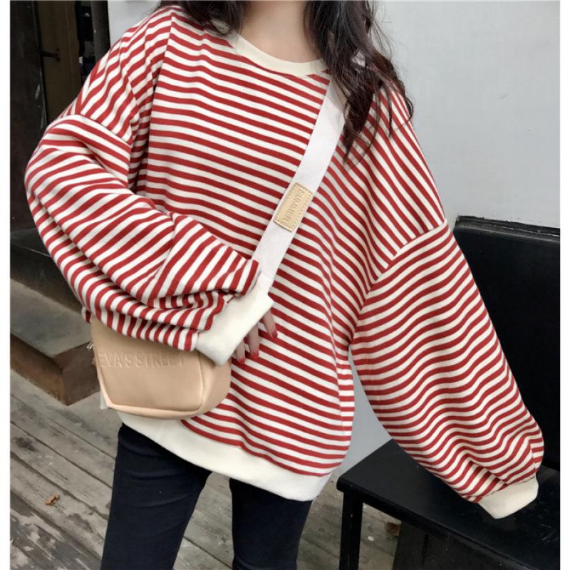 2025 Women's Korean Style Color Block Retro Stripe Hoodie - Spring/Autumn Casual Loose Fit