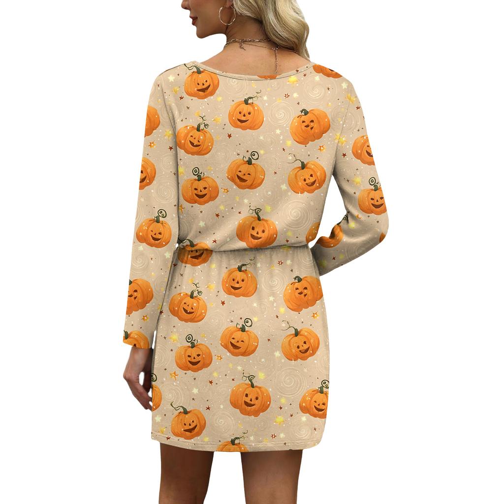 Women's Fashionable V-neck Long Sleeved Drawstring With Pocket Halloween Printed Casual Dress