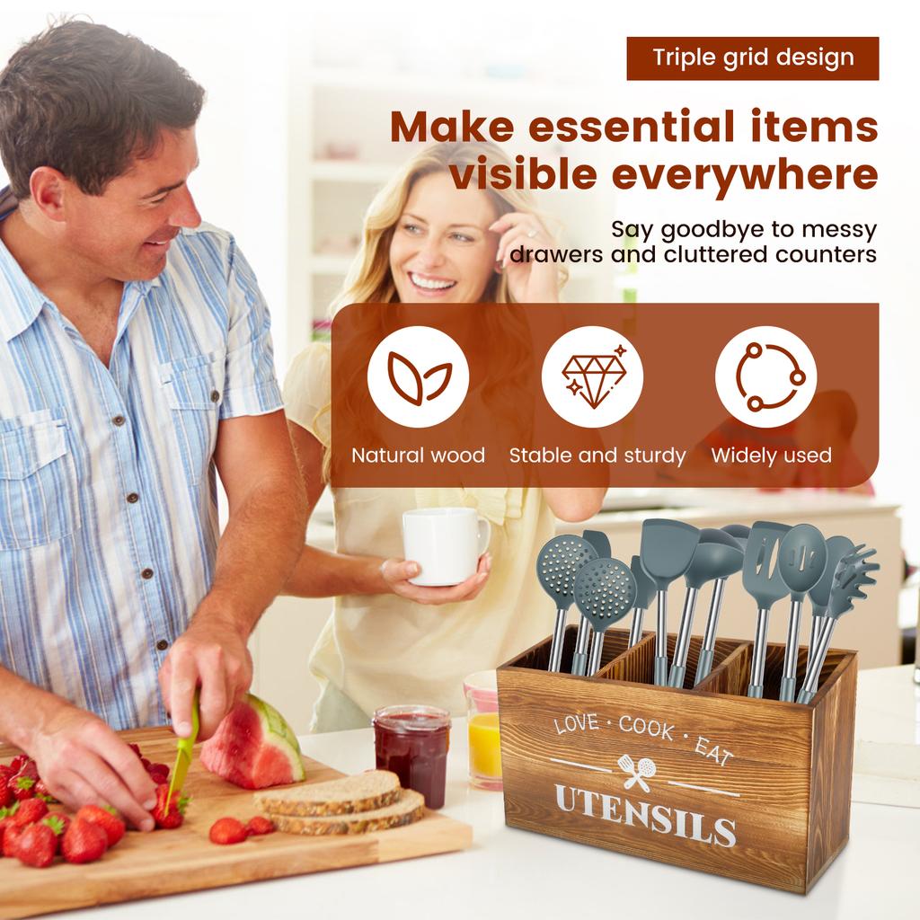 Organizér na kuchyňskou desku a úložný prostor na kuchyňské náčiní Dřevěný držák na kuchyňské náčiní 3 přihrádky Pevný držák na příbory