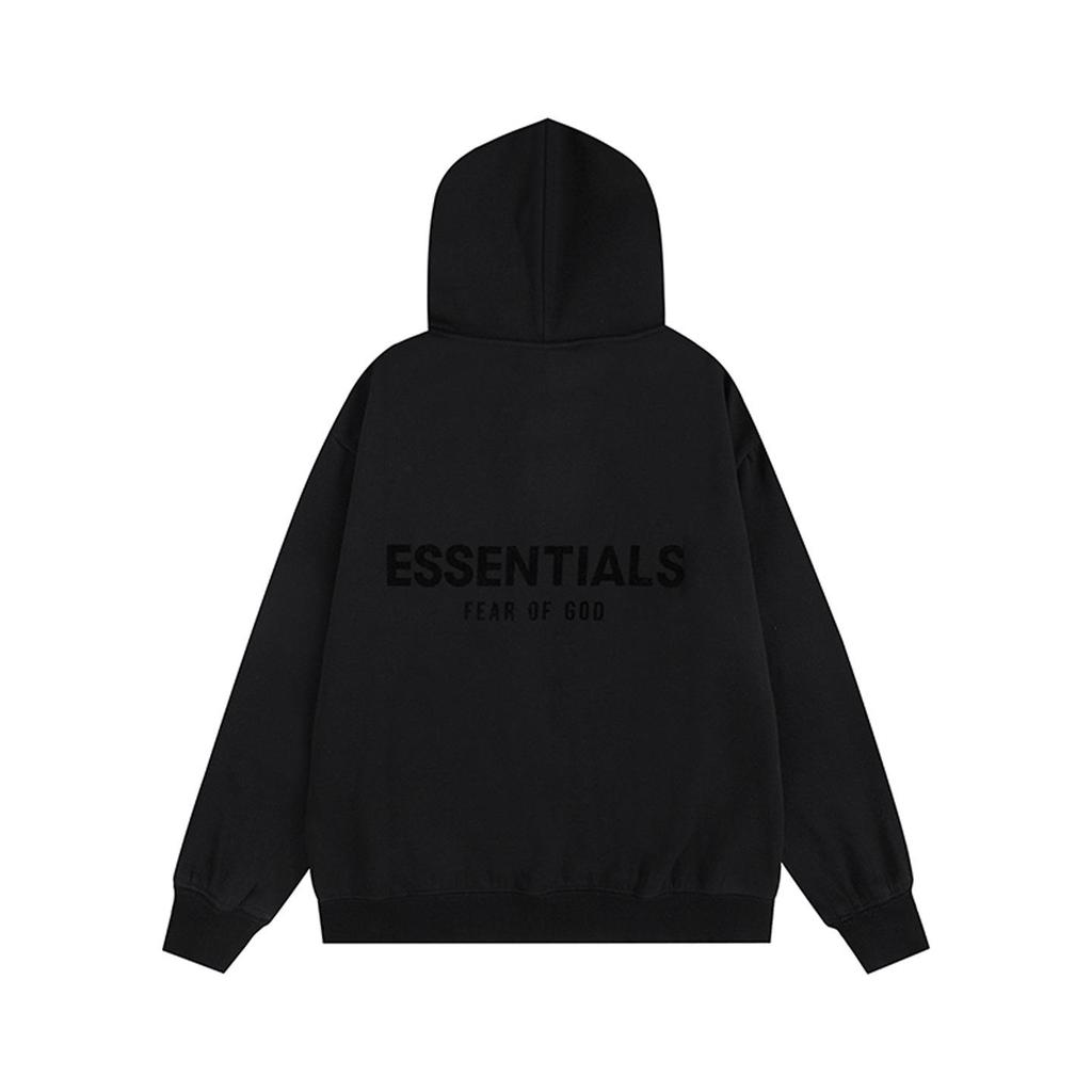 2025 Men's FOG Essentials Black Hooded Sweatshirt with Silicone Lettering and Double Stitching