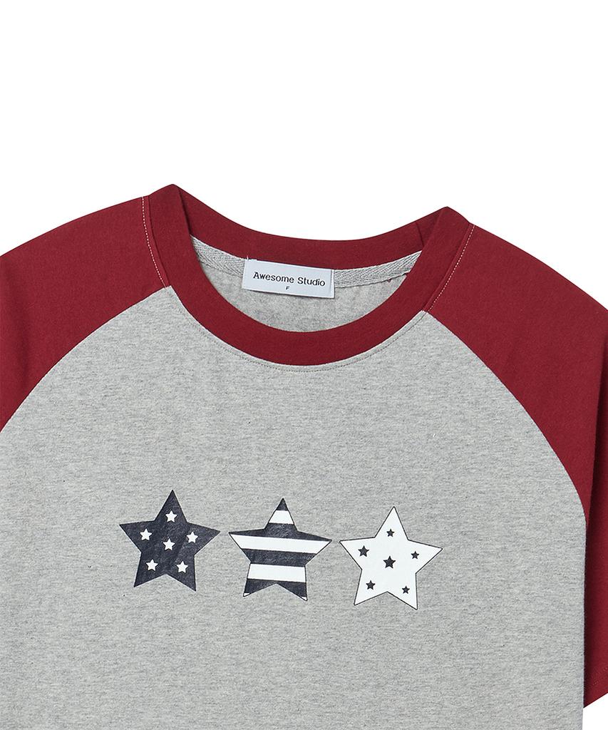AWESOME STUDIO Y2K Star Graphic Color Block Short Sleeve Tee Melange Grey