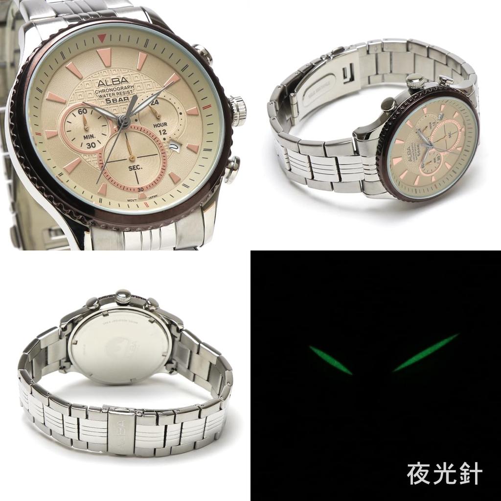 SEIKO ALBA AT3855X1 Cronógrafo Crono Cuarzo Negocios Analógico Fecha Calendario Champán Oro Rosa Plata Acero Inoxidable Correa de Hombre [Artículo]