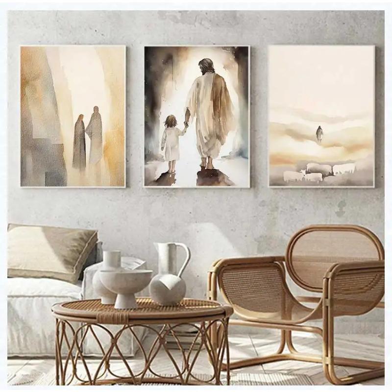 Sheep Kids Back Shadow Poster Print Canvas Printing Wall Art Picture for Living Room Nursery De Watercolor Christianity Jesus