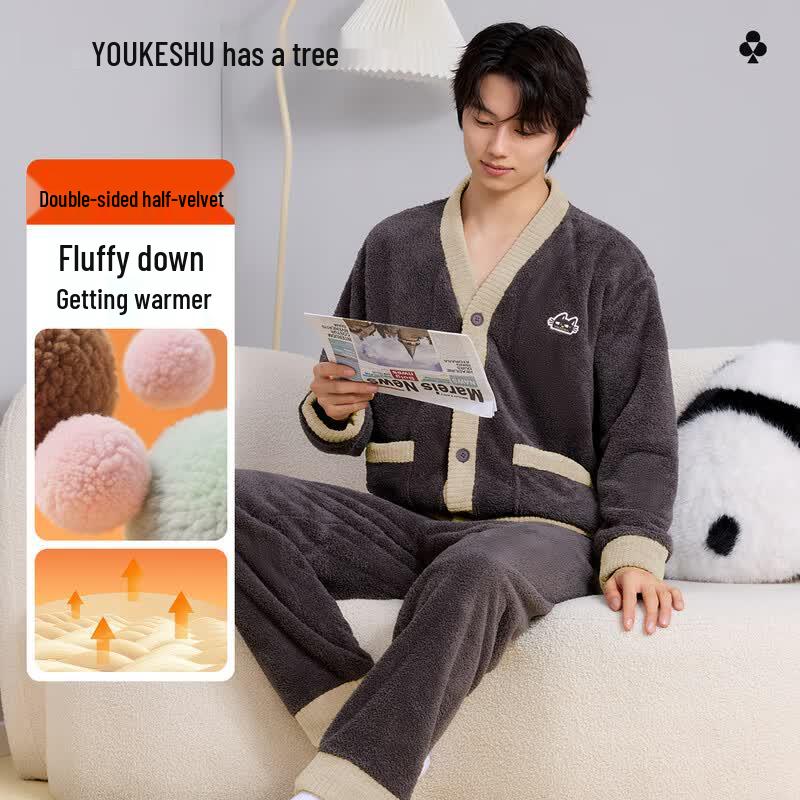 YOUKESHU Men s Winter Thickened Fleece V-Neck Pajama Set L