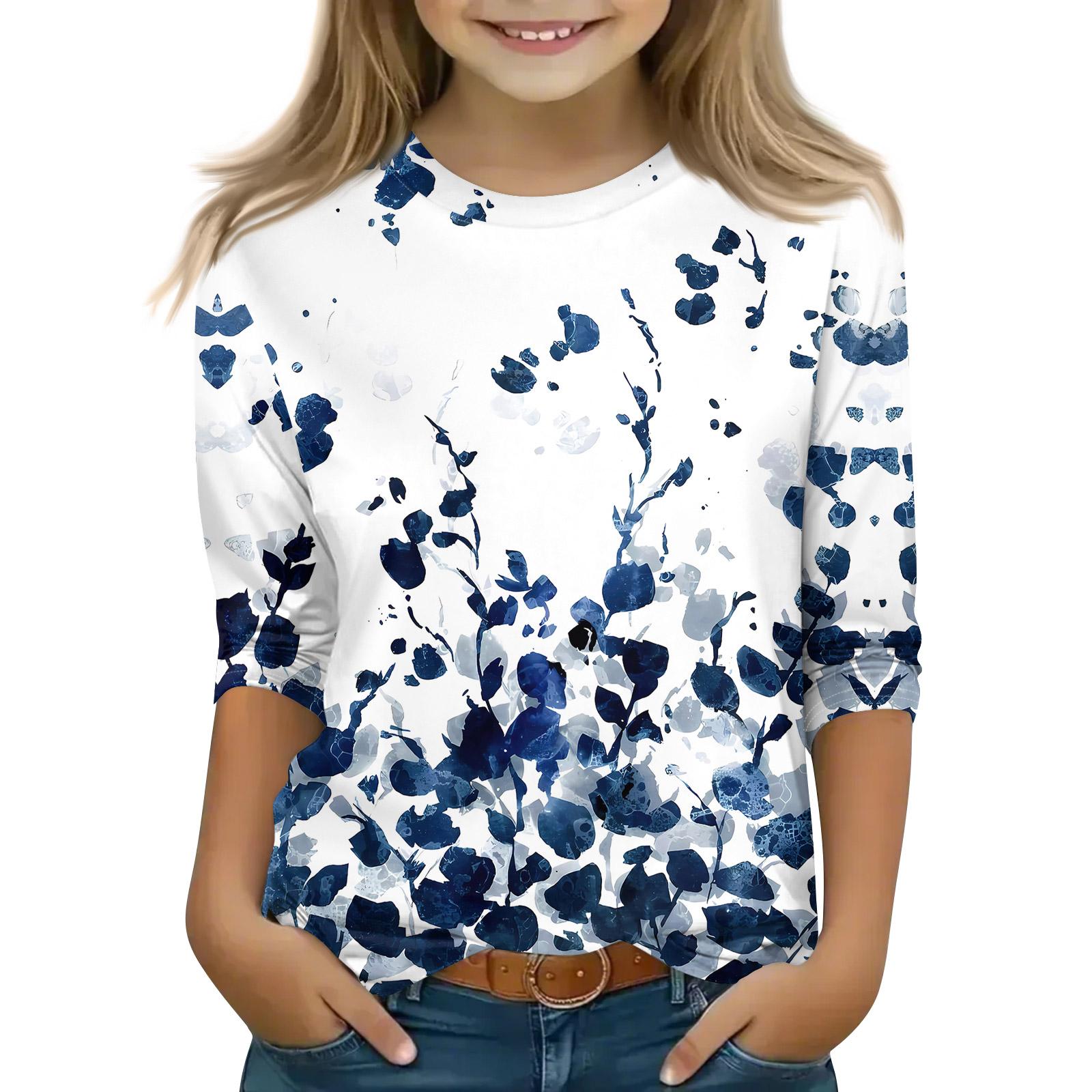 

Топы с принтом для девочек 5-16 лет с круглым вырезом и рукавами 3/4 Футболки Модные топы Наряды Футболки 140