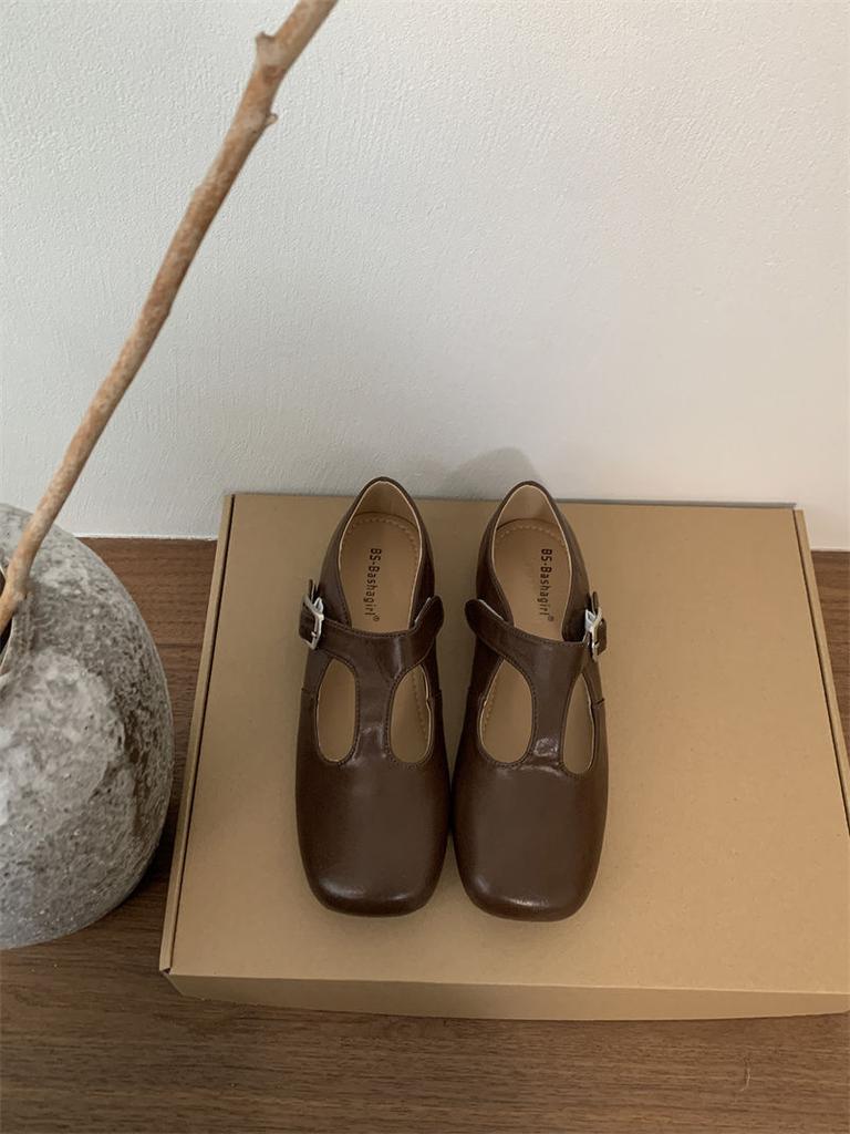 Fashion IPPEUM Women Ballet Flats Shoes Square Toe Buckle Black PU Leather Vintage Ballerina Shoes