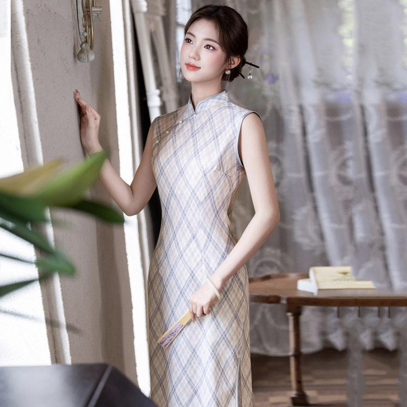 Sleeveless Plaid National Style New Chinese Style Suzhou Long Cheongsam Improved Young 1011 New Women's High Sense Summer