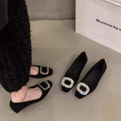 French High Heels Square Head Rhinestone Single Shoes Women's Shoes 2025 New Autumn and Winter Velvet Black Thick Heel Commuter Shoes