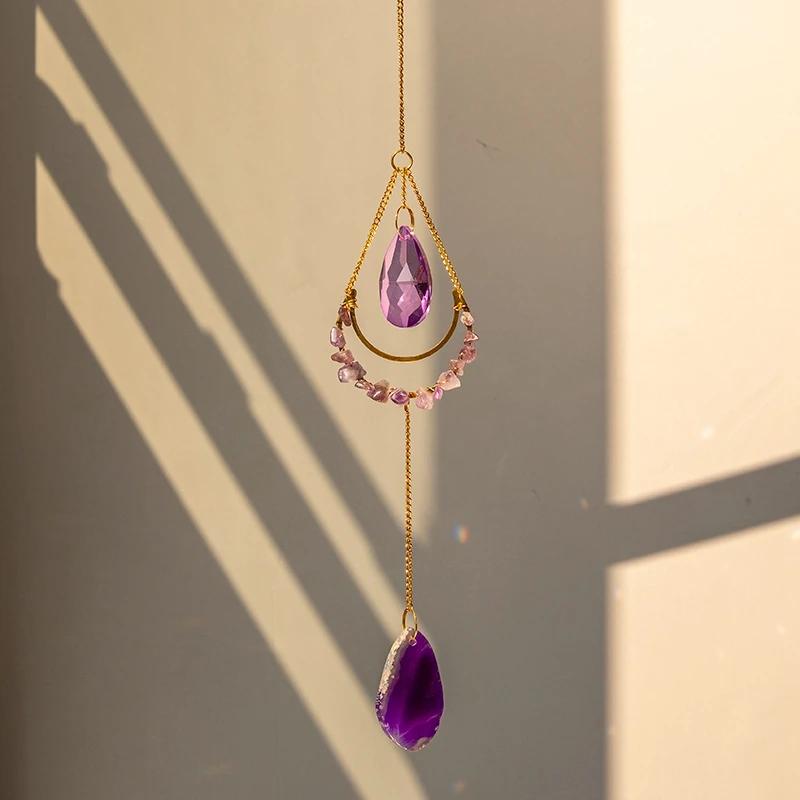 Crystal Sun Catcher Hanging Pendant Wind Chimes Chakra Artificial Agate Raw Stone Crystal Stained Glass Home Window Decoration