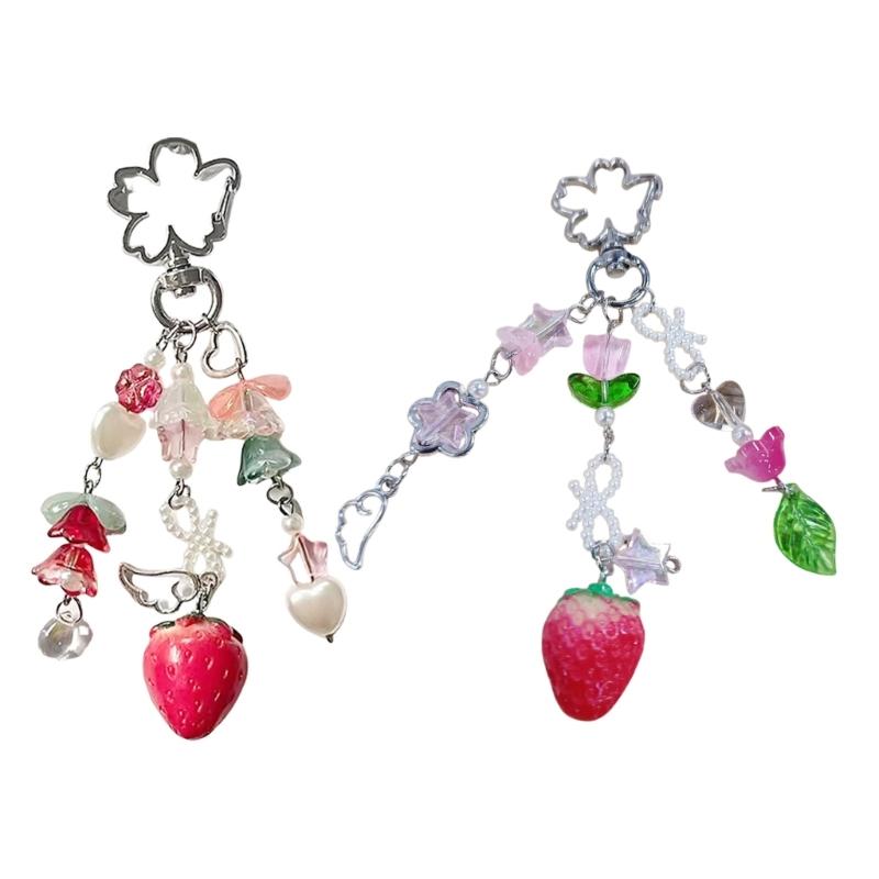 Adorable Beaded Flower Keychain Strawberry Pendant Keyring Gift Handmade Bag Charm Accessories For Women Girls