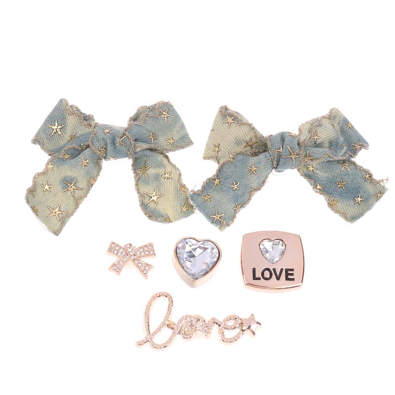 Ins Style Denim Bow Shoe Charm Trendy Rhinestone Bowknot Shoe Decoration Kit Creative Vintage Shoe Buckle Holiday Gifts