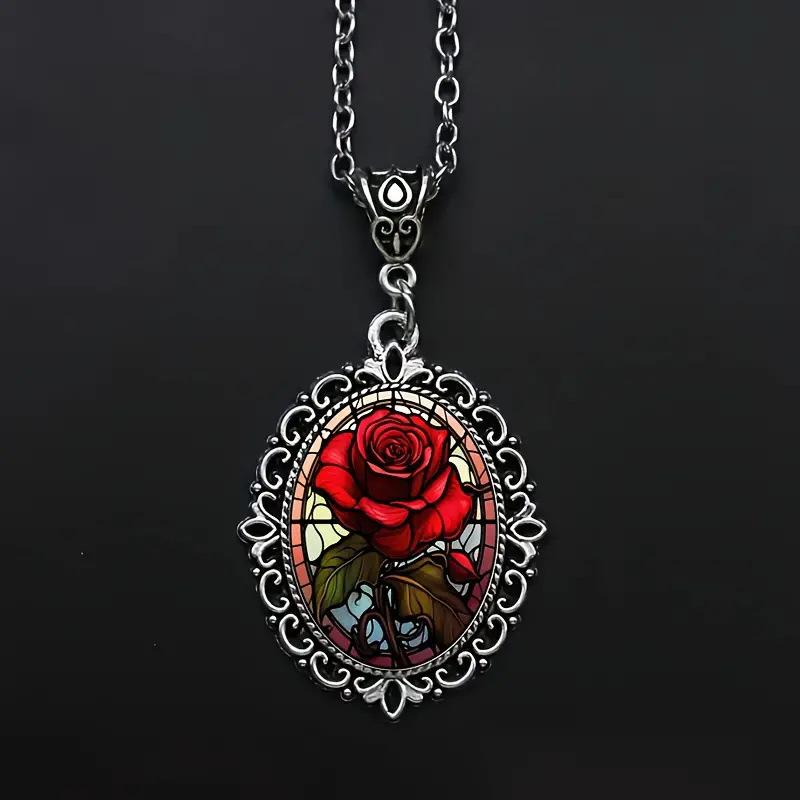 Fashionable and Exquisite Red Flower Pattern Oval Glass Pendant Necklace