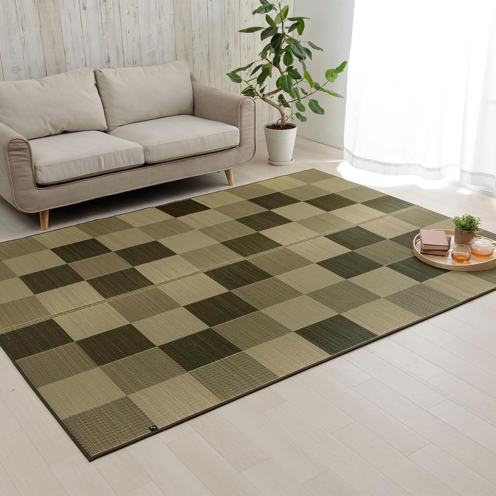 IKEHIKO "F Block 2" Japanese-Made Igusa Rug, Green, Approx. 140 x 200 cm (Urethane Backing)