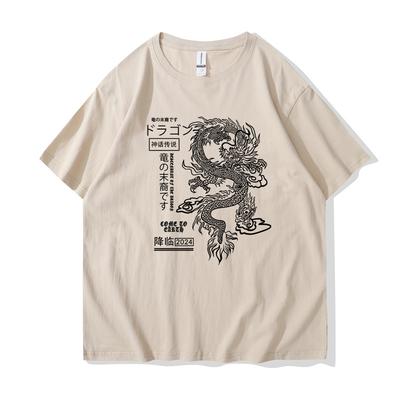 T-shirt à manches courtes et col rond pour homme, imprimé dragon japonais, style années 2000, 100 % coton, blanc