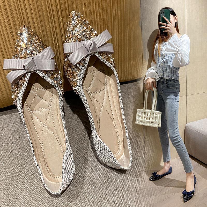 Fashion Woman Flats with Bow Pointed Toe Shoes for Women Sexy Rhinestone Discount Spring Young Vacation Slip on Comfortable and Elegant