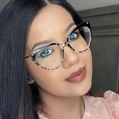 Arrival Rivet Cat Eye Anti -Blue Light Glasses Tr90 Flat Mirror Glasses Women Eyeglasses Frame Computer Goggles