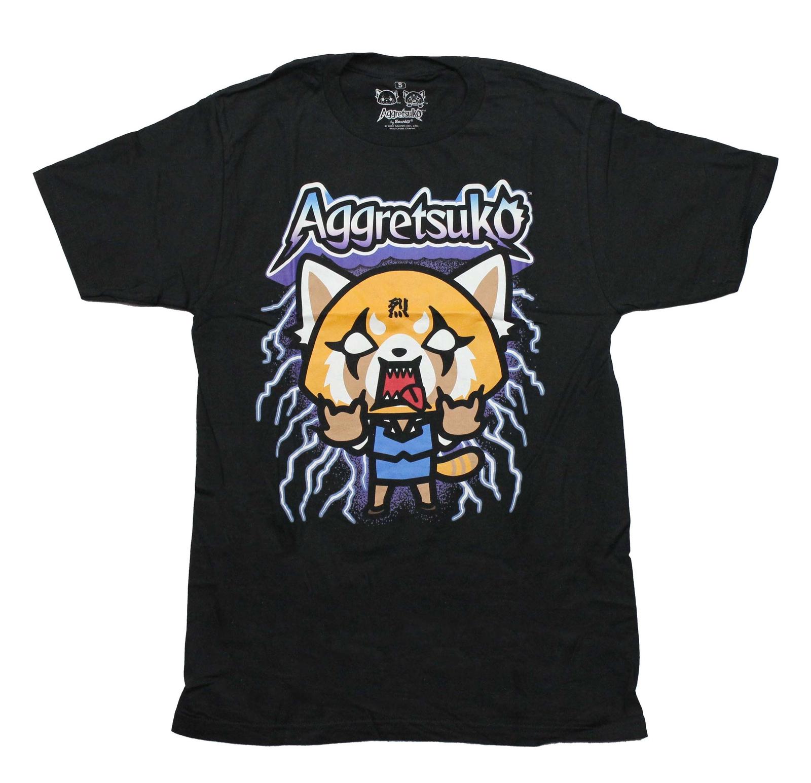 Aggretsuko New Adult T-Shirt - Rock & Roll Hand Signs Lightning Background S