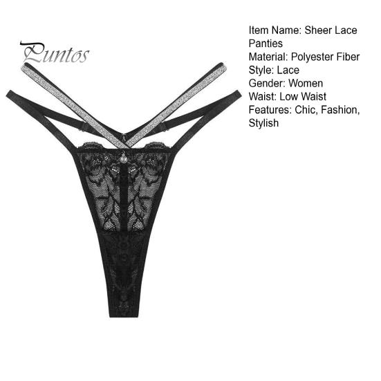 Thin Strap Underwear Women's Glitter Thong Sexy Floral Lace Sheer Breathable Strappy Rhinestone G-String Stretch Panties Romantic