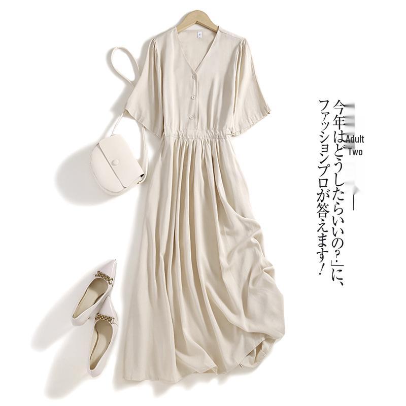 

Платье из тенселя в японском стиле с поясом: Летнее приталенное платье миди с коротким рукавом для женщин Medium абрикосовый