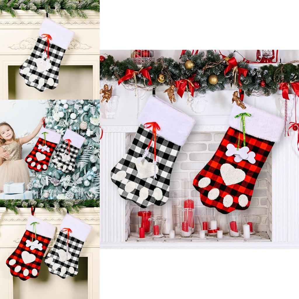 Adorable Red And Black Plaid Dog Paw Christmas Sock Ideal Holiday Gift Bag For Children