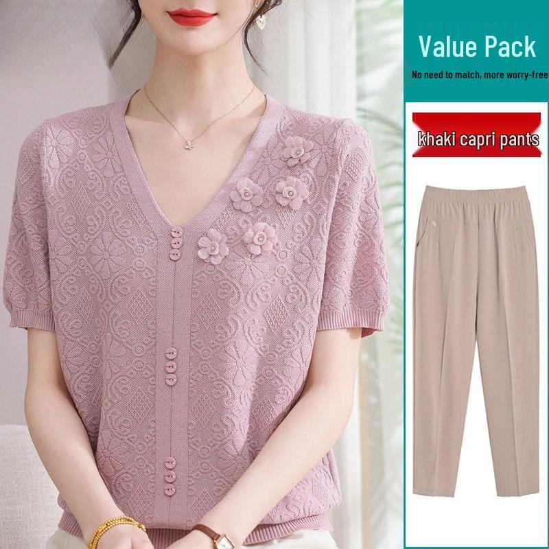 2026 Summer Ice Silk Blouse & T-Shirt Set for Moms and Seniors