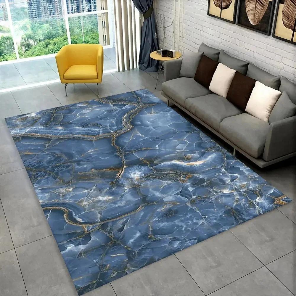 Sophisticated Nordic Blue and Gold Marble Floor Mat Geometric Carpet for Living Room or Bedroom Non-Slip Rug for Sofa Doormat