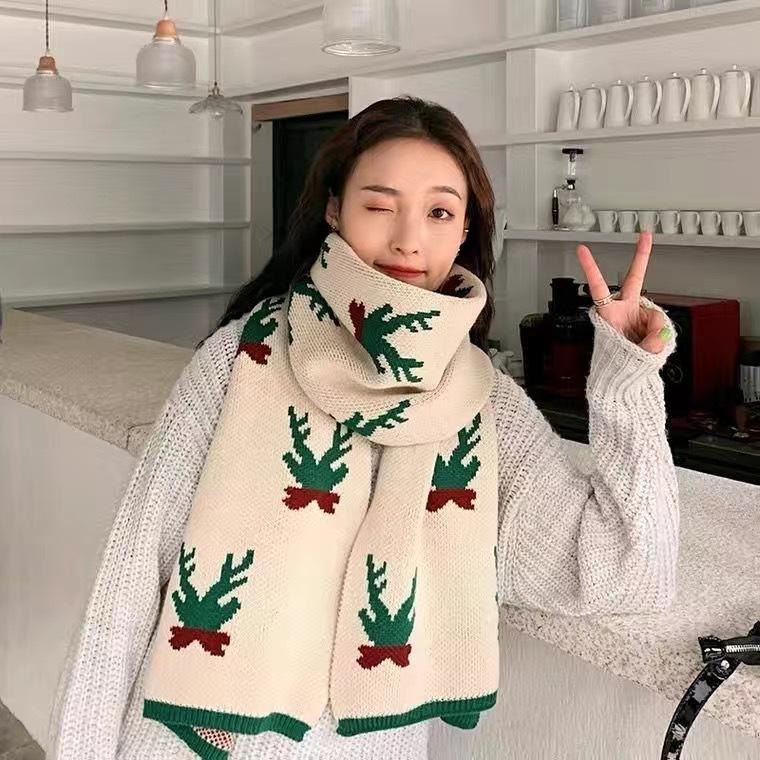 Christmas Elk Big Scarf Women's Autumn and Winter Versatile Cute Girl Heart Long Knitted Wool Scarf Winter Warm