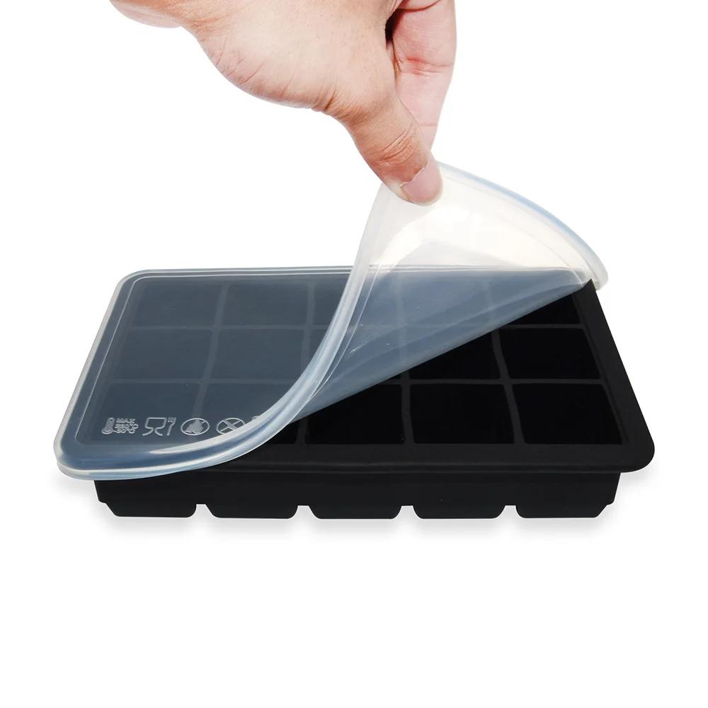 Premium Food Grade Silicone Ice Cube Tray 15 Grids Square with Lid Durable DIY Ice Maker for Whiskey Cocktails Coffee