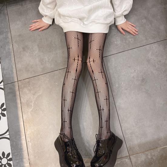 High-Waist Elastic Waistline Thin Hollow Women Stockings Sexy Cross Pattern Fishing Net Stockings Club Wear