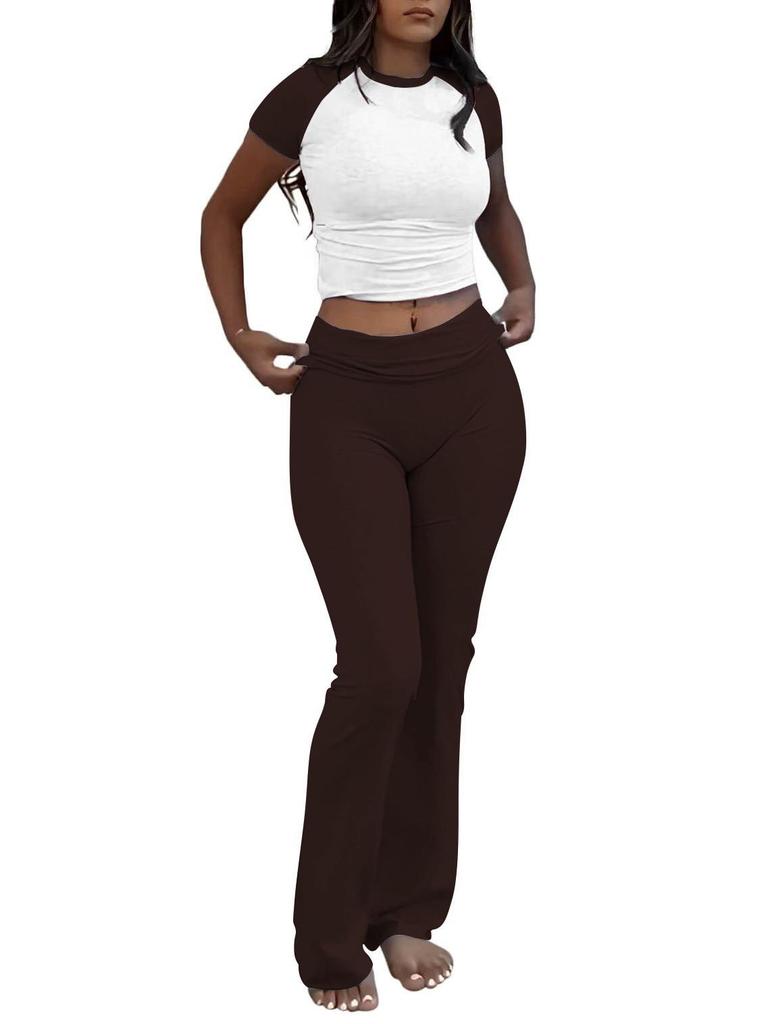 Women's Casual Workout Two-piece Set - Round Neck T-shirt & Low-waisted Flared Pants