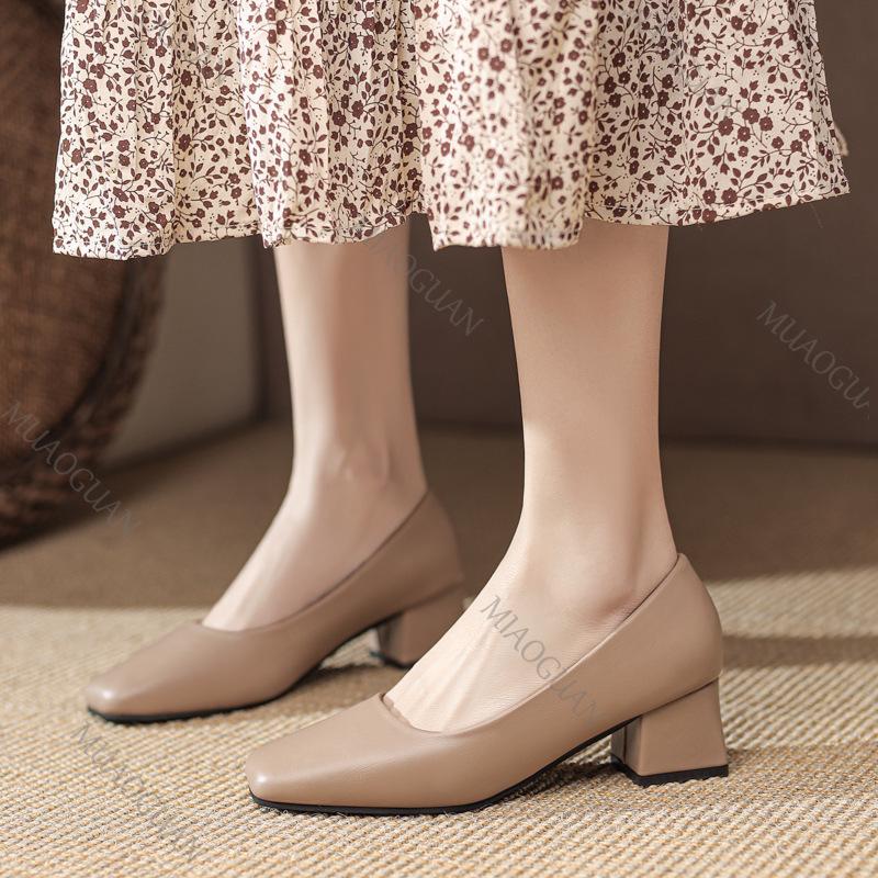 Fashion 2025 New Spring Heels Women Square Head Shallow Mouth Soft Leather Pumps Fashion Solid Office 5.5cm Thick Heeled Ladies Shoes