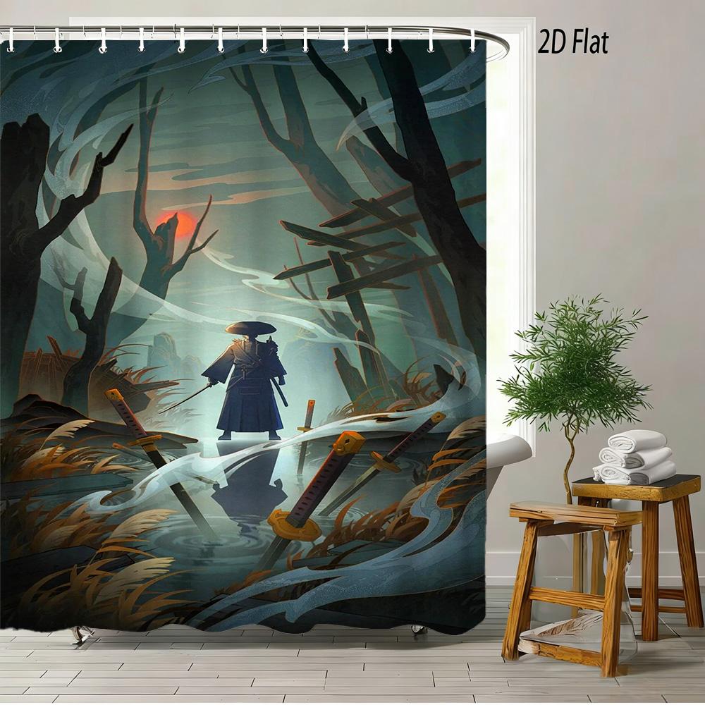2D Flat Naruto Anime Sasuke Uchiha & Orochimaru Purple Flame Print Waterproof Shower Curtain For Bathroom Decor