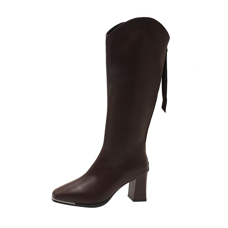 Fashion 2024 Winter Knee-High Boots for Women Square Toe Knight Boots Split Leather Women Shoes High Heels Concise Boots Botas De Mujer