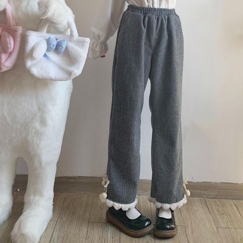 Fleece Japanese Kawaii Pants Women Wide Leg Cute Sweatpants Sweet Harajuku Lolita Vintage Baggy White Trousers with Bow Winter