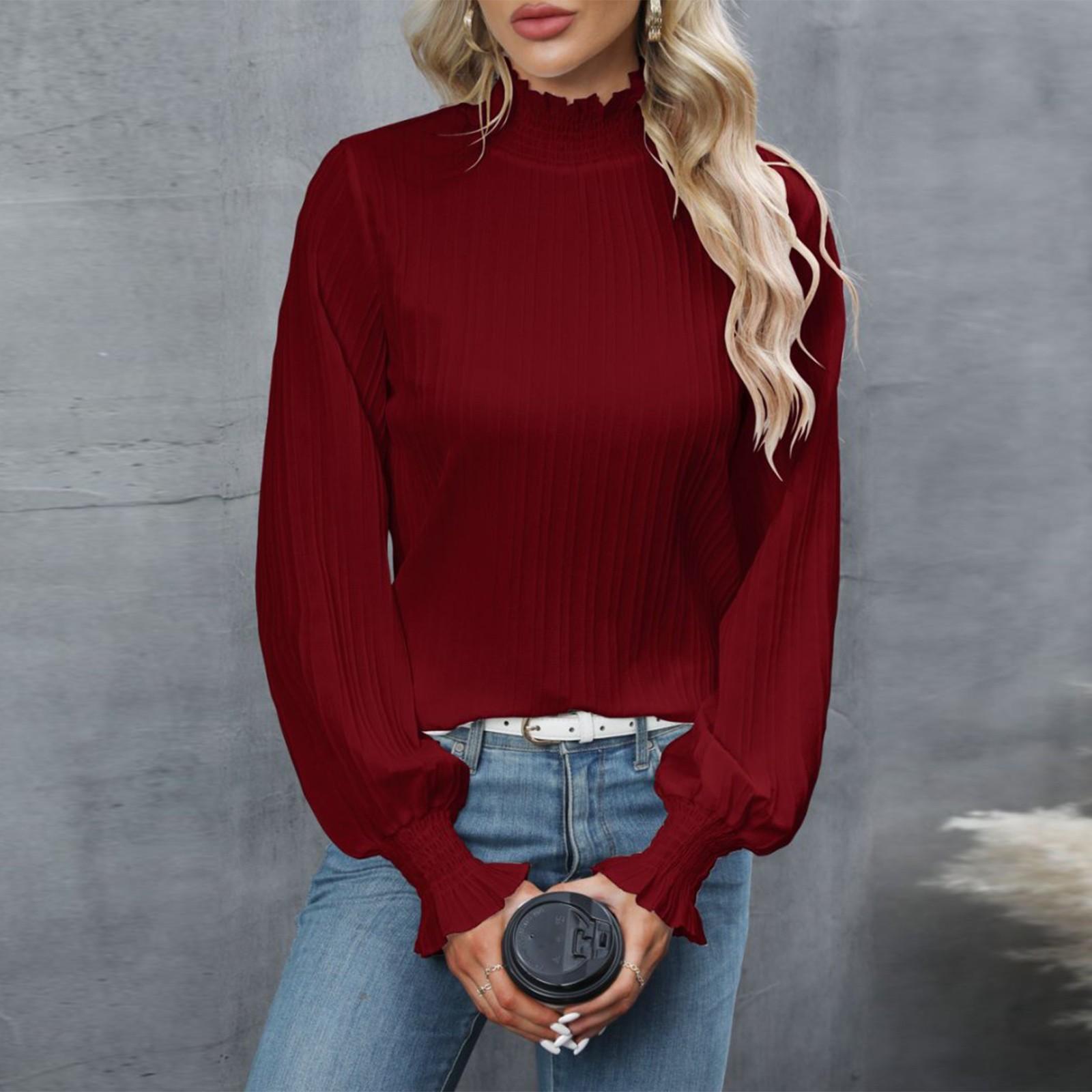

Women s Fashionable Round Neck Long Sleeved Solid Color Loose Shirt Top XL винний