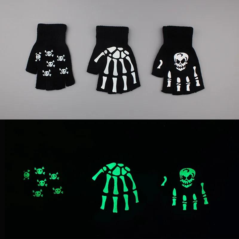 Punk Gloves Unisex Halloween Skeleton Skull Half Finger Gloves Glow In The Dark Fingerless Stretch Knitted Winter Mittens