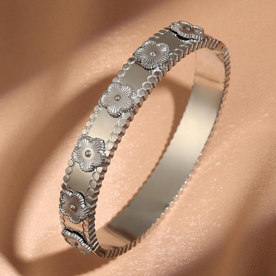 

ZAKOL Модные браслеты-манжеты из нержавеющей стали с цветком-пятилистником на удачу для женщин, девушек, металлические браслеты-наручники золотого цвета, подарки с цирконом